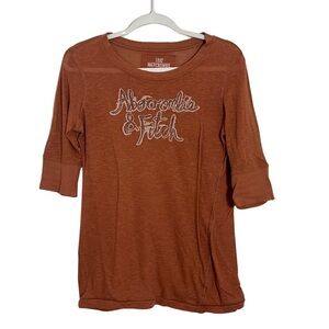 Abercrombie & Fitch Brown Semi-Sheer Graphic Logo Top Size Medium Casual Fitted